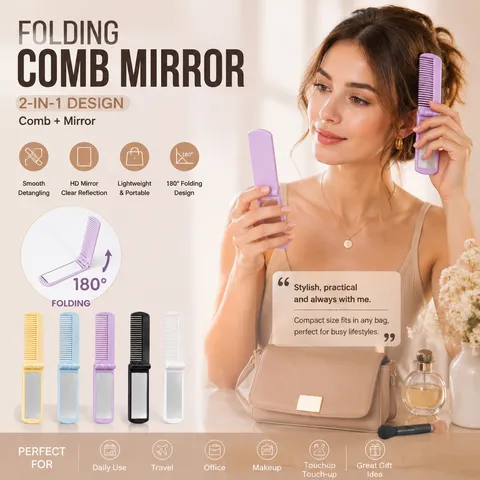 Portable Folding Comb Mirror ABS Glass 2-in-1 Compact Hair Brush With Makeup Mirror Mini Pocket Hair Comb For Travel Student Everyday Styling