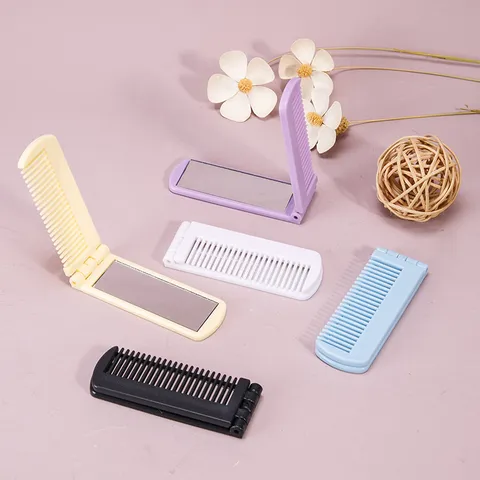 Portable Folding Comb Mirror ABS Glass 2-in-1 Compact Hair Brush With Makeup Mirror Mini Pocket Hair Comb For Travel Student Everyday Styling