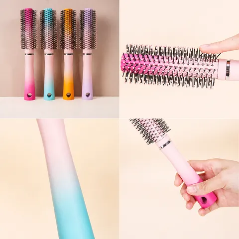 Macaron Gradient Hair Massage Comb Round Cylinder Styling Brush PP And Nylon Bristles Anti Slip Handle Hair Care Tool