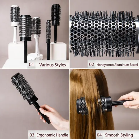 Professional Thermal Aluminum Tube Hair Roller Brush Round Hair Styling Comb With Nylon Bristles For Salon