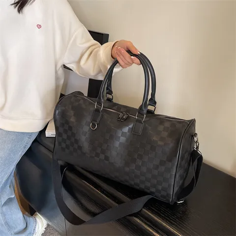 Large Capacity Travel Duffel Bag Minimalist Checkered PU Leather Luggage Bag Casual Business Travel Gym Handbag