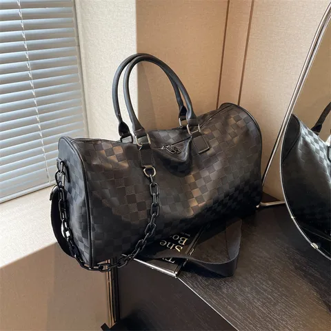 Large Capacity Travel Duffel Bag Minimalist Checkered PU Leather Luggage Bag Casual Business Travel Gym Handbag
