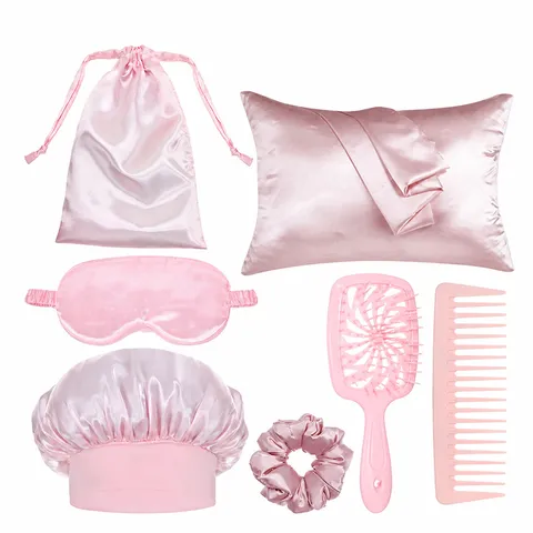 Ensemble de Soins Capillaires en Satin Rose Bonnet de Nuit Taie d'Oreiller Masque Scrunchies Brosse à Cheveux et Peigne