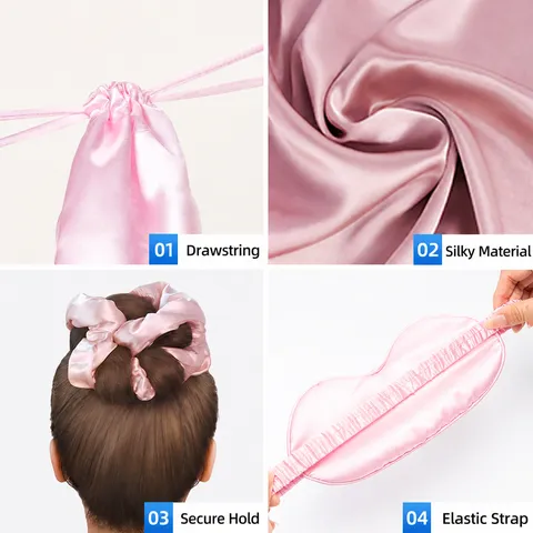Ensemble de Soins Capillaires en Satin Rose Bonnet de Nuit Taie d'Oreiller Masque Scrunchies Brosse à Cheveux et Peigne