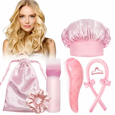 Conjunto de Cuidado Capilar Rosa Gorro de Dormir de Satén Diadema Rizador sin Calor Peine TT Herramientas de Peinado Kit de Regalo de Belleza para Mujeres