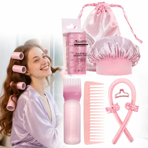 Pink Hair Care Styling Set Heatless Curling Rod Satin Bonnet Hair Rollers Wide Tooth Comb Hairdressing Tools Kit