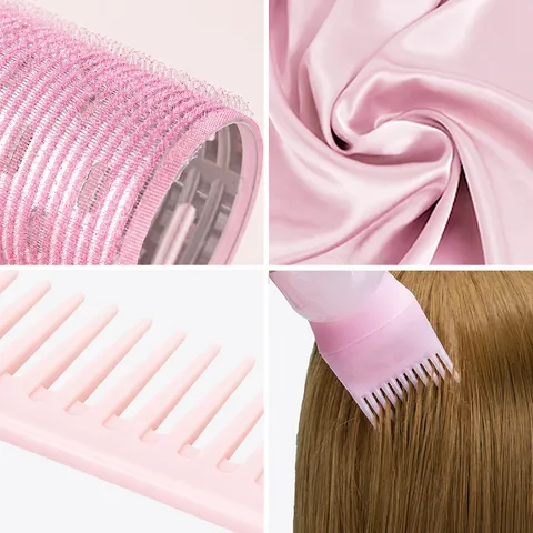Pink Hair Care Styling Set Heatless Curling Rod Satin Bonnet Hair Rollers Wide Tooth Comb Hairdressing Tools Kit