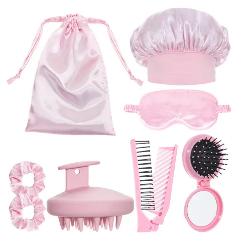 Style Ins Bonnet De Nuit En Satin Masque Yeux Chouchous Collection De Soin Des Cheveux Peigne Pliable Brosse Shampooing Pour Femmes Voyage Maison