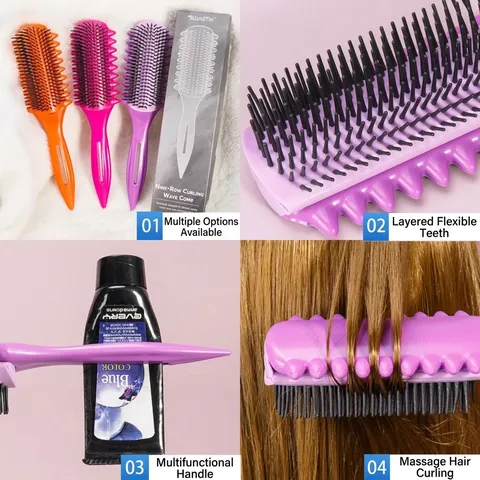 Peigne Boucleur Professionnel à 9 Rangs Brosse à Cheveux de Massage Démêlante Outil de Coiffage Bouclés en PP Nylon Salon Maison