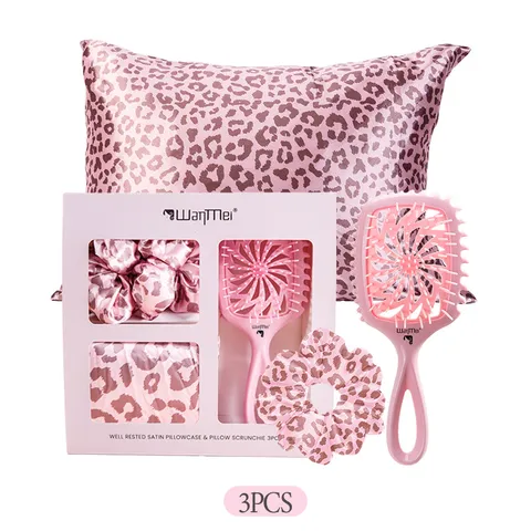 Set Scatola Regalo per la Cura dei Capelli e del Sonno in Raso con Stampa Leopardata e Blocco di Colore con Federa in Finta Seta Elastico Spazzola Massaggio da Donna