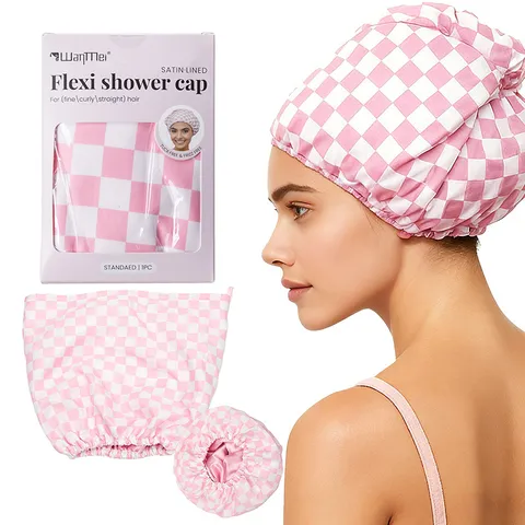 Damen Große Satin Gefütterte Duschhaube Wasserdicht Kariert Haarpflege Bonnet Doppellagige Bademütze Elastische Kopfbedeckung