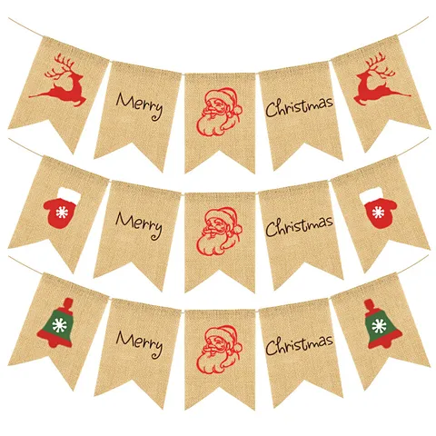 Christmas Burlap Bunting Banner Santa Claus Reindeer Merry Christmas Swallowtail Flag Party Decoration Holiday Hanging Sign