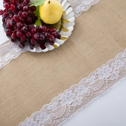 Vintage Lace Trim Burlap Table Runner Rustic Natural Linen Table Cloth For Wedding Party Dining Room Home Decor