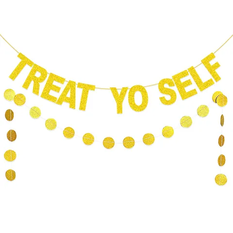 Gold Glitter Treat Yo Self Letter Garland And Round Dots Hanging Bunting Banner For Wedding Family Party Decoration
