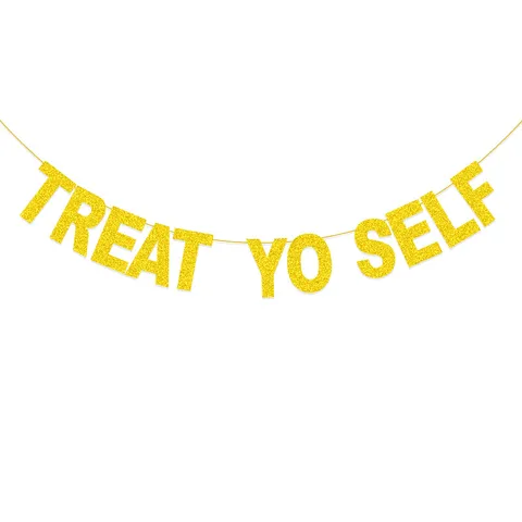 Gold Glitter Treat Yo Self Letter Garland And Round Dots Hanging Bunting Banner For Wedding Family Party Decoration
