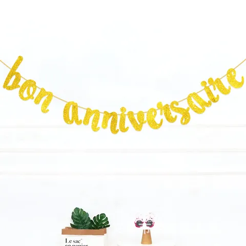 Χρυσό Glitter Bon Anniversaire Banner με Γράμματα Χρόνια Поλλά Пάρτι Кρεμαστές Дιακοσμήσεις Гιρλάντα Пρομήθειες Eορτασμού