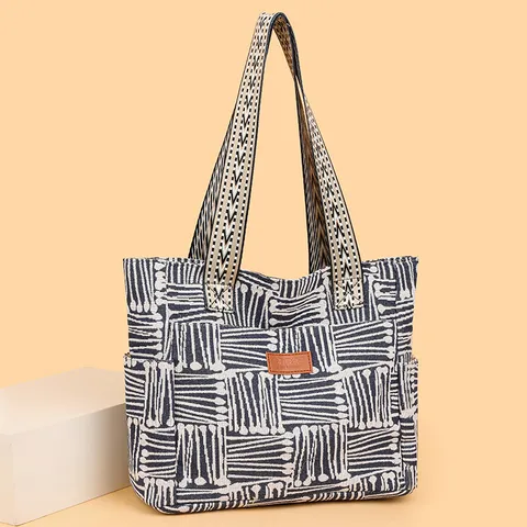 Γυναικείο Casual Tote Bag Μεγάλης Χωρητικότητας από Ύφασμα Oxford Ριγέ Τσάντα Ώμου Retro Commuter Handbag Fashion Daily Bag