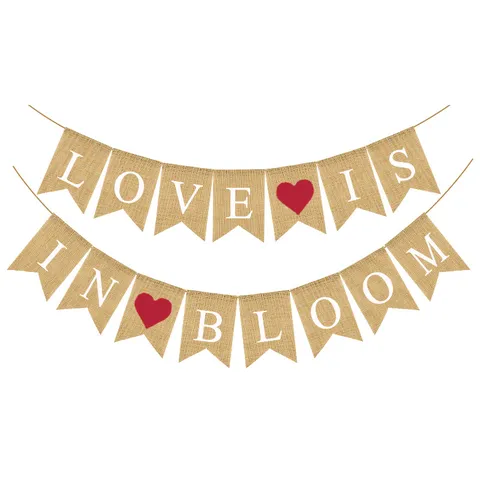 Banderole Fanion en Lin Jute Love Is In Bloom Cœur Guirlande Fête de Mariage Décoration Suspendue Fournitures Festives
