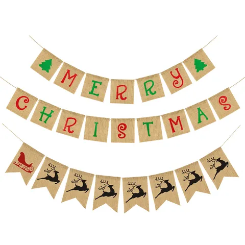 Burlap Christmas Bunting Banner Merry Christmas Tree Swallowtail Flag Festive Holiday Party Hanging Home Decor