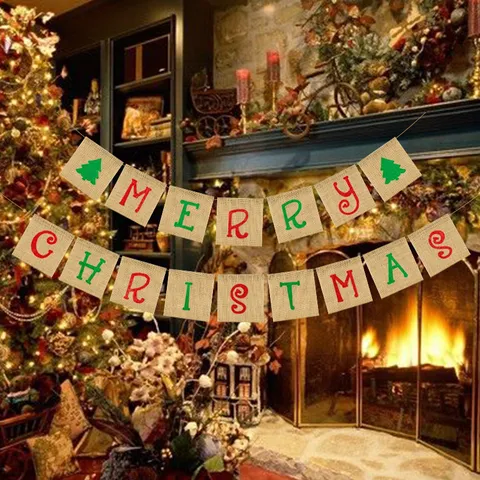 Burlap Christmas Bunting Banner Merry Christmas Tree Swallowtail Flag Festive Holiday Party Hanging Home Decor