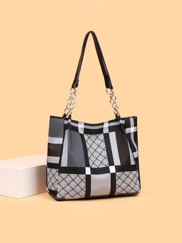 Γυναικείο Tote Bag Μεγάλης Χωρητικότητας Μόδας Καρό Colorblock Τσάντα Ώμου Casual Ταξιδιού Χειρός με Λουρί Αλυσίδας