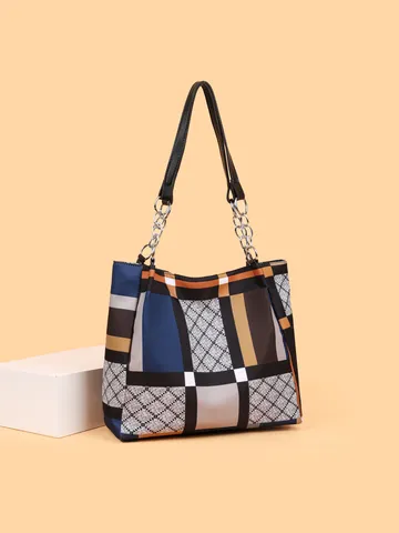 Γυναικείο Tote Bag Μεγάλης Χωρητικότητας Μόδας Καρό Colorblock Τσάντα Ώμου Casual Ταξιδιού Χειρός με Λουρί Αλυσίδας