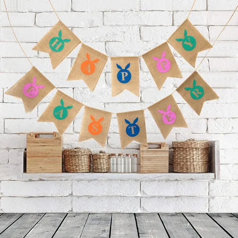 Easter Burlap Bunting Banner Rabbit Letter Printed Festive Party Decoration Hanging Garland Flag for Spring Holiday Celebration