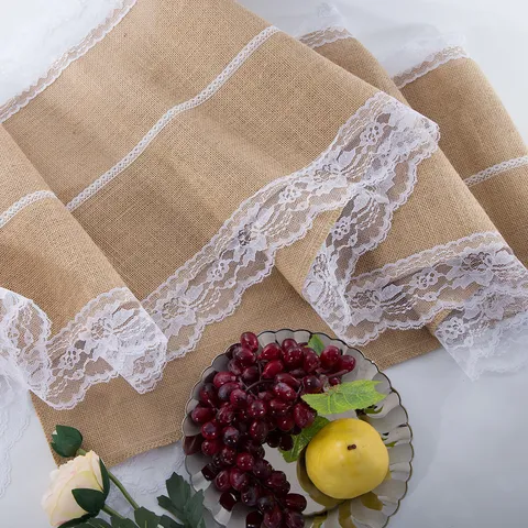 European Style Burlap Table Runner with Three Lace Strips Natural Linen Fabric Tablecloth for Wedding Party Home Decor
