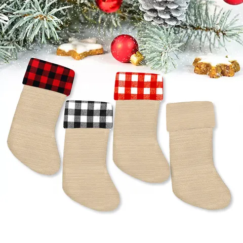 Rustic Imitation Linen Christmas Stocking Gift Bags Plaid Patchwork Bowknot Hanging Ornaments For Holiday Party Tree Decor Home Decoration