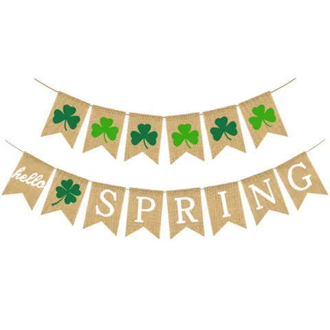 Rustic Burlap Clover Banner Swallowtail Garland Hello Spring Bunting For St Patricks Day Easter Party Home Decor Hanging Ornaments