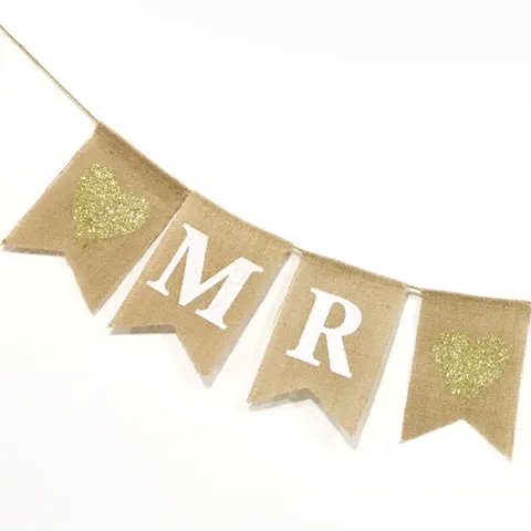 Stendardo a Coda di Rondine MR MRS in Lino Rustico Ghirlanda di Matrimonio con Cuore Glitter Decorazione per Fidanzamento
