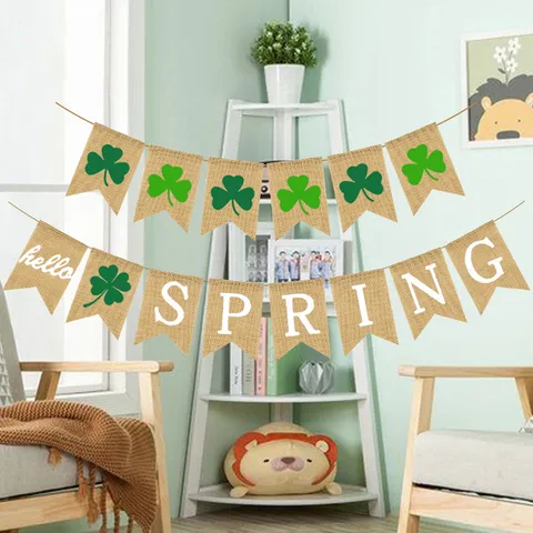 Rustic Burlap Clover Banner Swallowtail Garland Hello Spring Bunting For St Patricks Day Easter Party Home Decor Hanging Ornaments