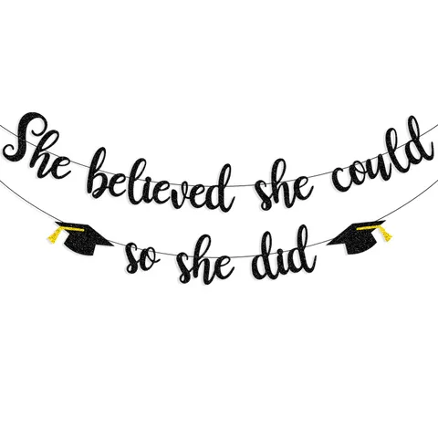 Glitter Paper Graduation Party Banner She Believed She Could So She Did Hanging Garland Inspirational Letter Bunting School Celebration Venue Decor