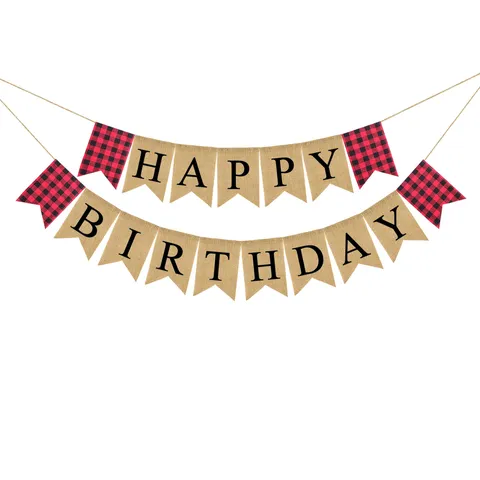 Rustic Burlap Happy Birthday Banner Red Black Plaid Swallowtail Pennant Flag Garland For Lumberjack Bear Theme Birthday Party Decorations