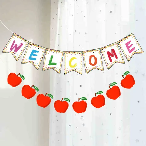 Colorful Welcome Back Banner Apple Garland Back To School Party Decoration Paper Bunting