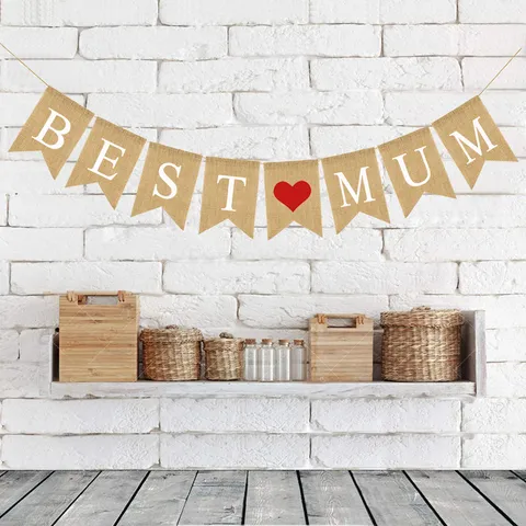 Rustic Burlap Best Mum Swallowtail Pennant Banner Printed Heart Alphabet Mother Day Party Decoration Garlands Home Hanging Ornament