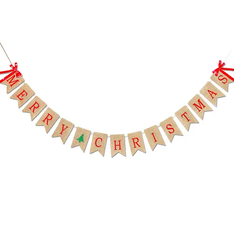 Rustic Burlap Merry Christmas Banner Christmas Tree Sleigh Reindeer Swallowtail Garland Holiday Party Hanging Decor for Home
