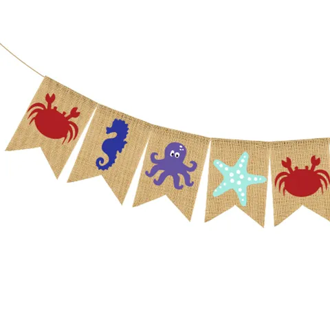 Ocean World Marine Animal Burlap Banner Swallowtail Flag Garland For Kids Room Birthday Party Decoration Hanging Bunting