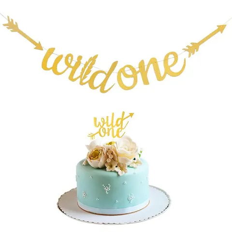 Glitter Gold Paper Wild One Theme Banner And Cake Topper Set For Baby First Birthday Party Venue Decoration Props Supplies