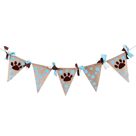 Rustic Burlap Pet Party Banner Cute Paw Print Polka Dot Triangular Pennant Garland Garland For Dog Cat Birthday Party Home Decoration