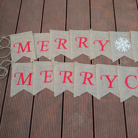 Christmas Linen Swallowtail Banner Merry Christmas Bunting Flags Rustic Holiday Garland For Party Home Wall Fireplace Decor