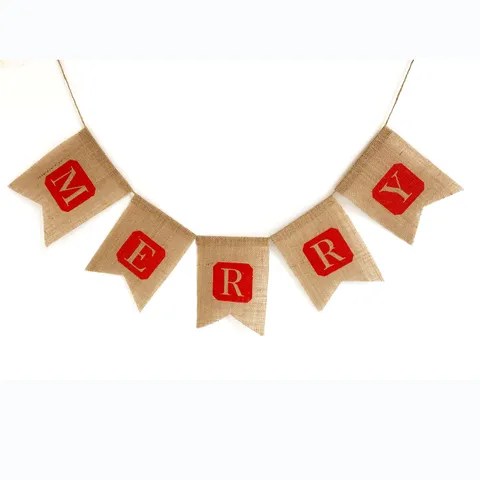 Rustic Linen Burlap Merry Christmas Swallowtail Banner Hanging Garland For Holiday Party Home Decoration Red Alphabet Printed Pendant Pull Flag