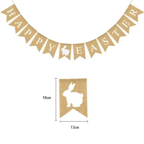 Rustic Burlap Easter Banner White Rabbit Silhouette Swallowtail Garland Happy Easter Hanging Flags Holiday Party Decor