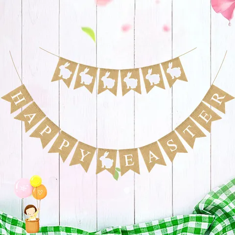Rustic Burlap Easter Banner White Rabbit Silhouette Swallowtail Garland Happy Easter Hanging Flags Holiday Party Decor