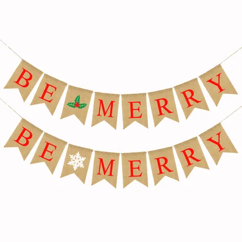 Rustic Burlap Christmas Banner swallowtail Pennant Garland Be Merry Letter Printed Holiday Party Home Decoration