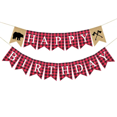 Rustic Burlap Happy Birthday Banner Red Black Plaid Swallowtail Pennant Flag Garland For Lumberjack Bear Theme Birthday Party Decorations
