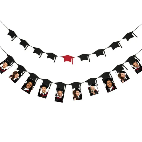 Graduation Party Decoration Black Red Doctoral Cap Banner Paper Garland Ceremony Photo Wall Decor Backdrop Props