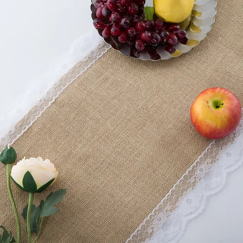 Rustic Burlap Table Runner With Lace Trim Hessian Table Cover For Wedding Party Festive Dining Home Decoration