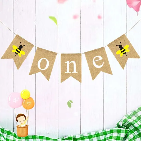 Cute Bee ONE Linen Swallowtail Banner Kids First Birthday Party Venue Layout Decorative Linen Burlap Banner For Baby Showers Home Celebration Decor