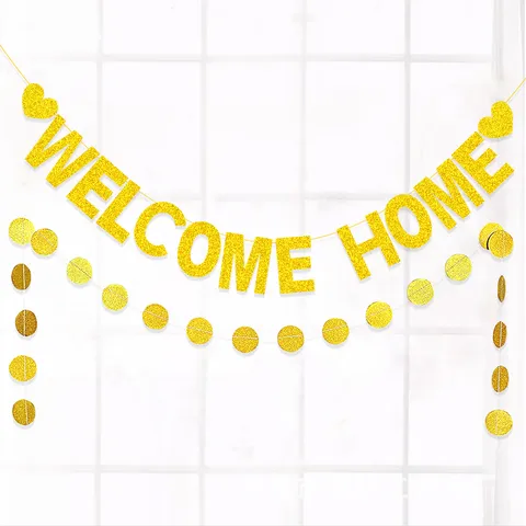 Glitter Gold Welcome Home Banner With Heart Round Garland Paper Decoration For Baby Shower Housewarming Party Supplies